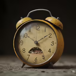 an old fashioned alarm clock with open mouth