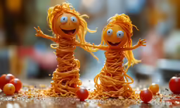 two pasta noodles made to look like the faces of cartoon characters