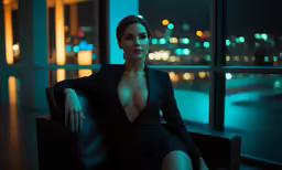 a topless woman in a suit sits on a window ledge and looks out the window