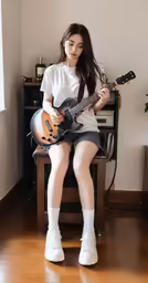 a girl in white shirt playing a guitar