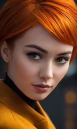 a close up shot of a young woman with orange hair