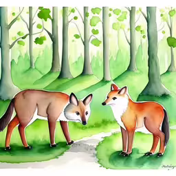 two foxes in the woods facing each other,two foxes are standing on the edge of a forest,painting of a couple of foxes on a trail,two foxes walking along a trail in the woods,two foxes that are standing in the grass