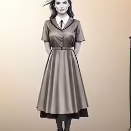 a drawing of a woman in a dress standing by a lamp