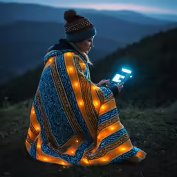 woman sitting on a hill while looking at a phone with a glowing screen