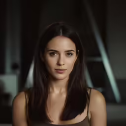 a woman with long black hair wearing a tank top