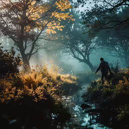 a person in a raincoat is standing in a foggy forest