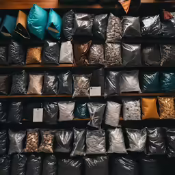 a table with several bags full of different things