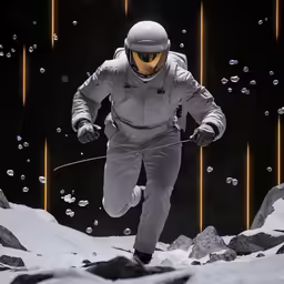 a person in spacesuit running on snow