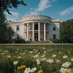 a white and blue building with yellow and white daisies growing outside