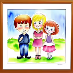 a watercolor painting shows three children in front of the viewer,a drawing of two children and an adult,a painting of two kids standing next to each other,an image of three children on a field,the cartoon family is standing together for their picture