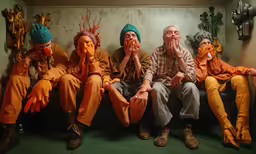 five people that have colorful clothes are sitting in a room