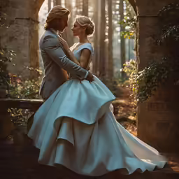 a couple in wedding gowns standing together, embracing each other