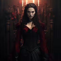 woman in dark red and black gown on throne with candles,woman dressed in red and black sitting on chair