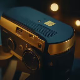 the radio is placed on a stand near lights