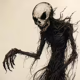 an evil skeleton dressed in a long black costume with long roots