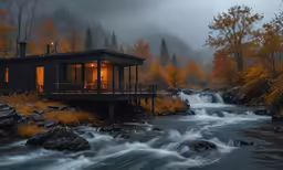 cabin by a waterfall at night in autumn