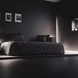 a dimly lit bedroom with a big bed