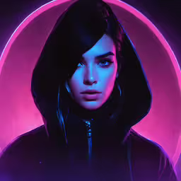 an artistic photo of a woman wearing a hooded coat,the character ghost is depicted in a neon background