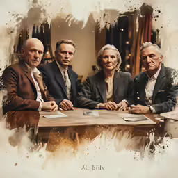 three men are seated at a table posing for a photograph