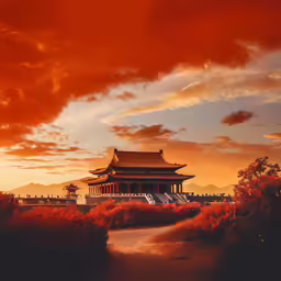 the sky in the background is a reddish colored sky