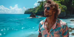 man with sunglasses walking along the beach,the man has on the sun glasses at the beach