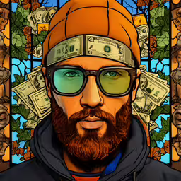 a man wearing glasses and a hat has dollars on it,a man with sunglasses and a hat is wearing glasses