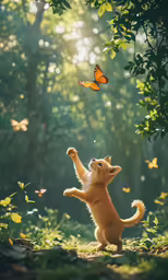 a dog in the grass and a butterfly flying in the sky