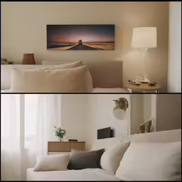two different pictures of a bed with pillows and a painting