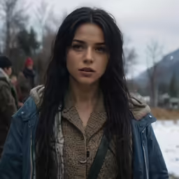 a woman is standing outside with a mountain in the background