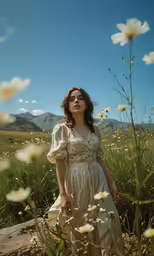 a girl in white dress walking through the grass