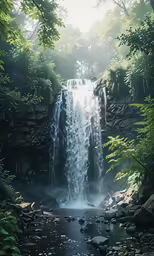 the waterfall is running down to the forest floor