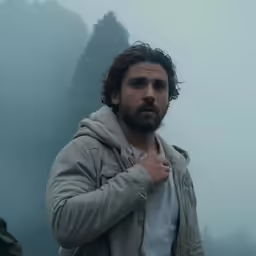 a man standing in the fog and wearing an open hoodie