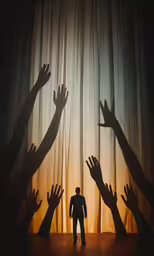 hands and shadow on curtain that is behind the person