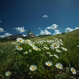 this is an image of the sky and grass with daisies