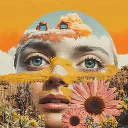 a collage of various faces and different flowers