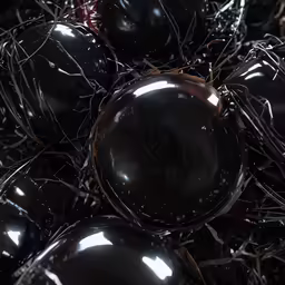 a bunch of black balls inside a pile of hay