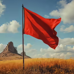 a flag waving in a field with a rock formation in the distance