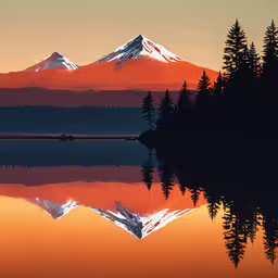 the mountains and trees reflect in a lake,a beautiful sunset reflects a mountain and trees in the water