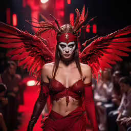 model in red outfit with wings and painted face