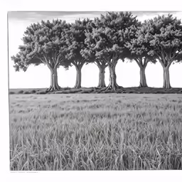 four trees stand in an open field