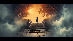 a woman standing on the stairs in front of a tree filled sky