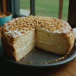 a cake that is on a plate next to a pan