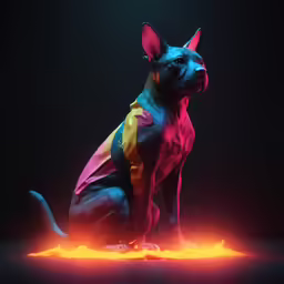 a dog with bright colors sitting on a surface