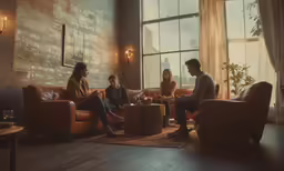 people sitting around a table and chairs talking in a room