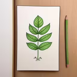 an open notebook on a table with a drawing of a green leaf,a piece of paper with a drawing of green leaves on it