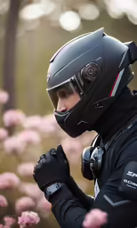 the man wearing a helmet is standing by some flowers