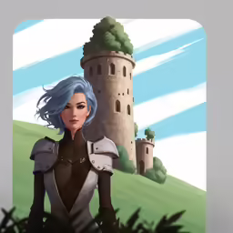 a woman in armor stands near a castle