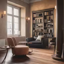 a chair in a room with lots of books on the shelves