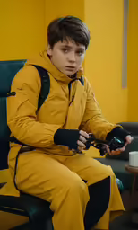boy in yellow clothes sitting on a chair with camera