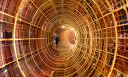 two people are standing in a tunnel full of different colored objects